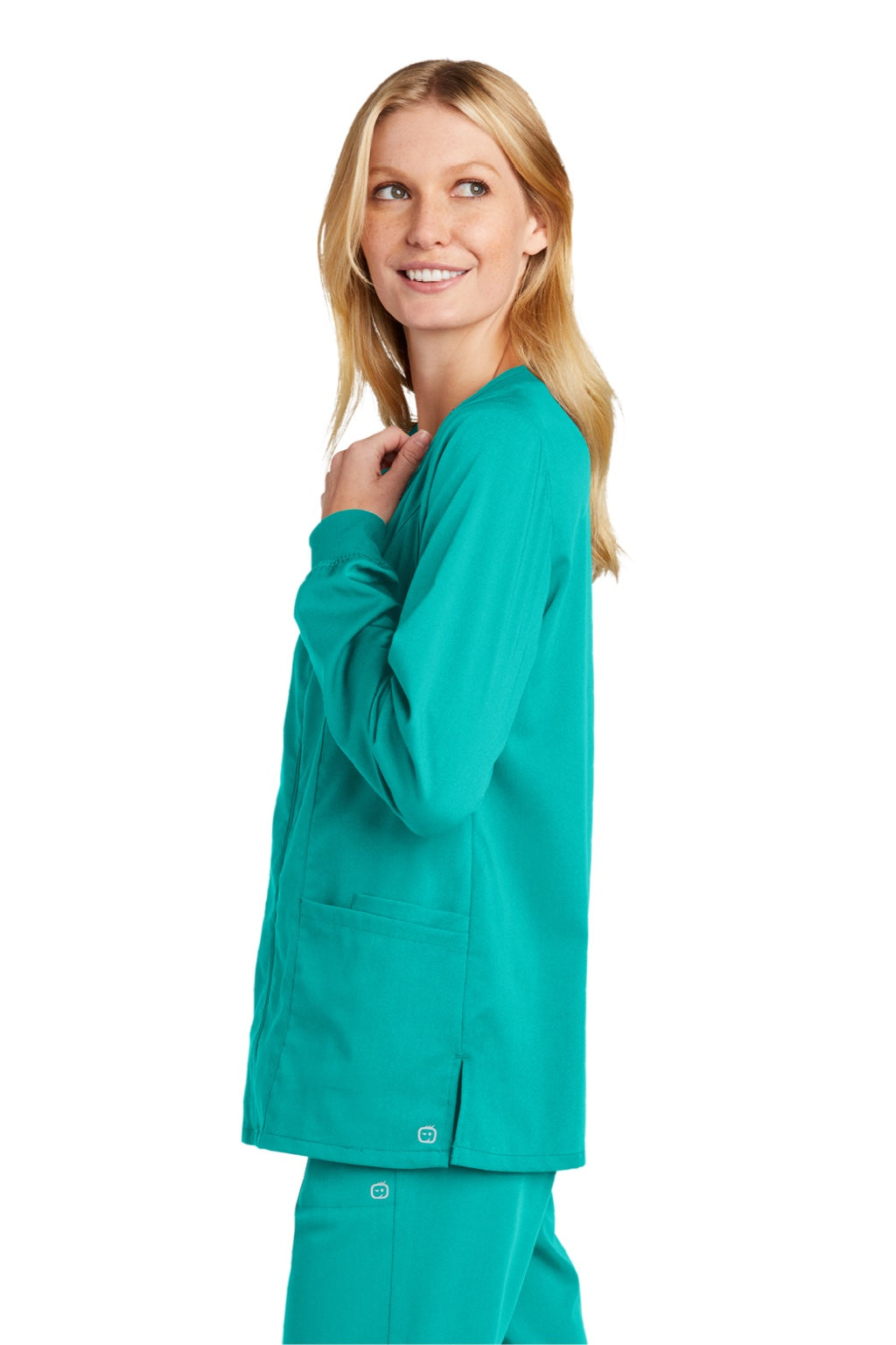 Wonderwink WW4088 Womens Premiere Flex Full Zip Scrub Jacket w/ Pockets Teal Blue Model Side