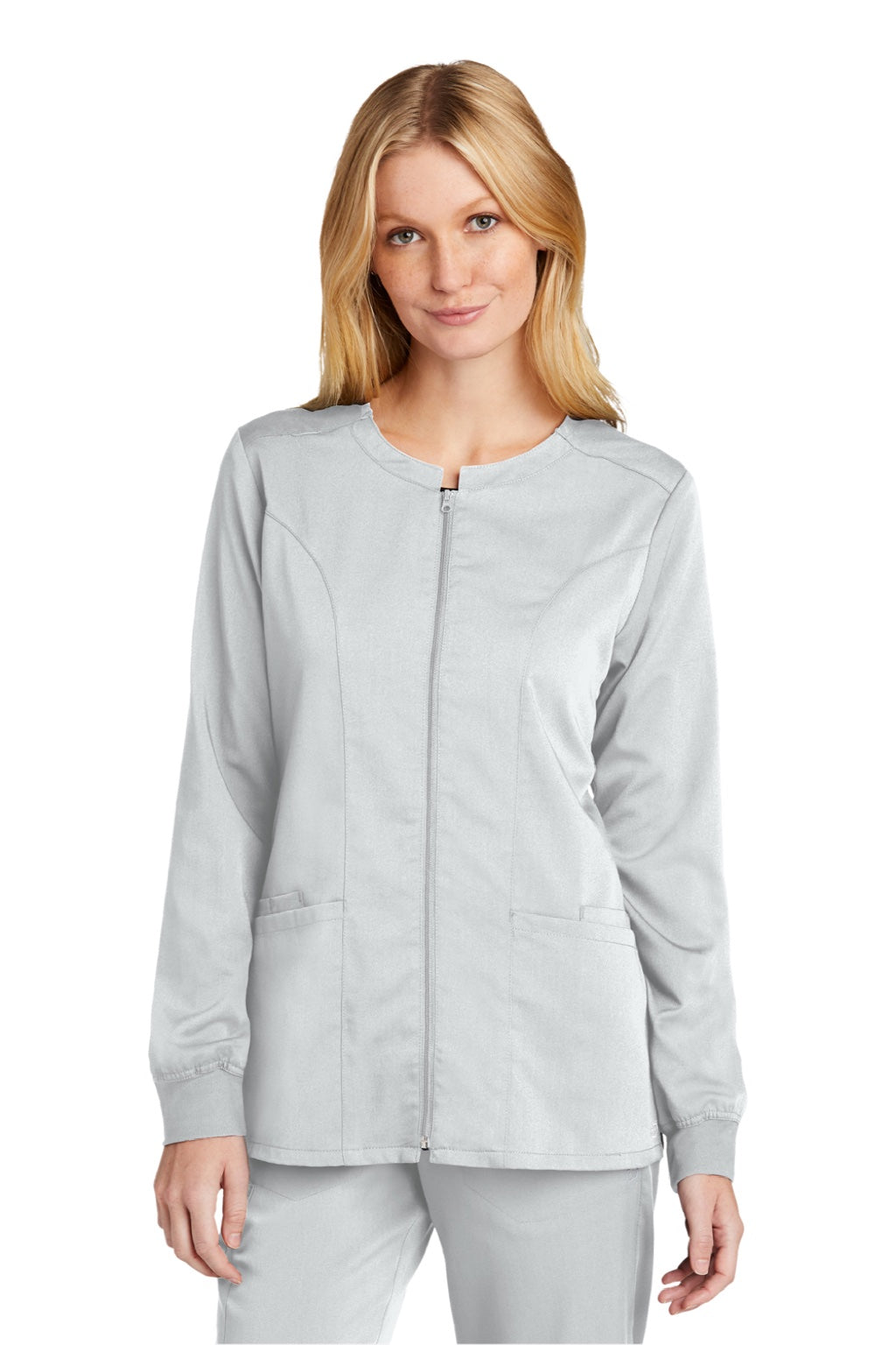 Wonderwink WW4088 Womens Premiere Flex Full Zip Scrub Jacket w/ Pockets White Model Front