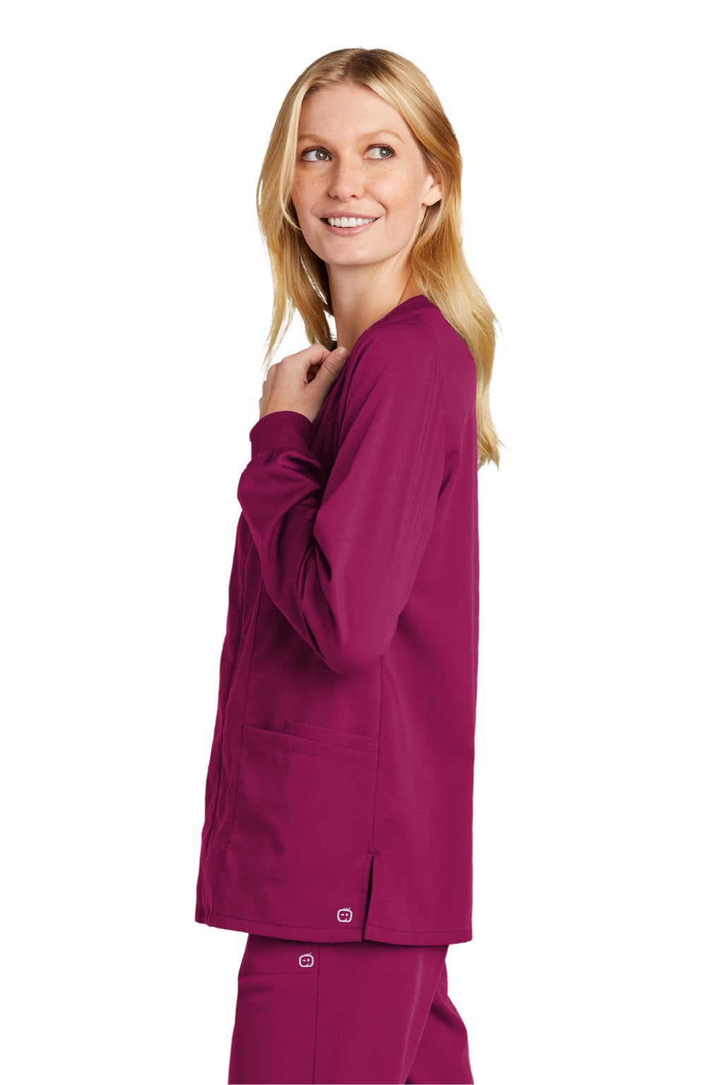 Wonderwink WW4088 Womens Premiere Flex Full Zip Scrub Jacket w/ Pockets Wine Model Side