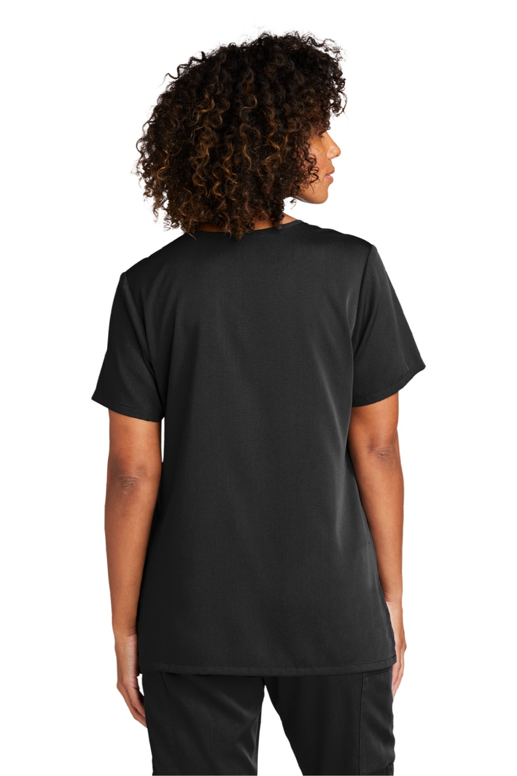 Wonderwink WW4168 Womens Premiere Flex Short Sleeve V-Neck Shirt w/ Pockets Black Model Back