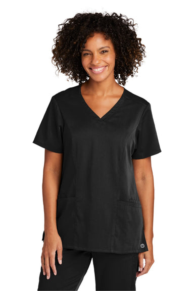 Wonderwink WW4168 Womens Premiere Flex Short Sleeve V-Neck Shirt w/ Pockets Black Model Front