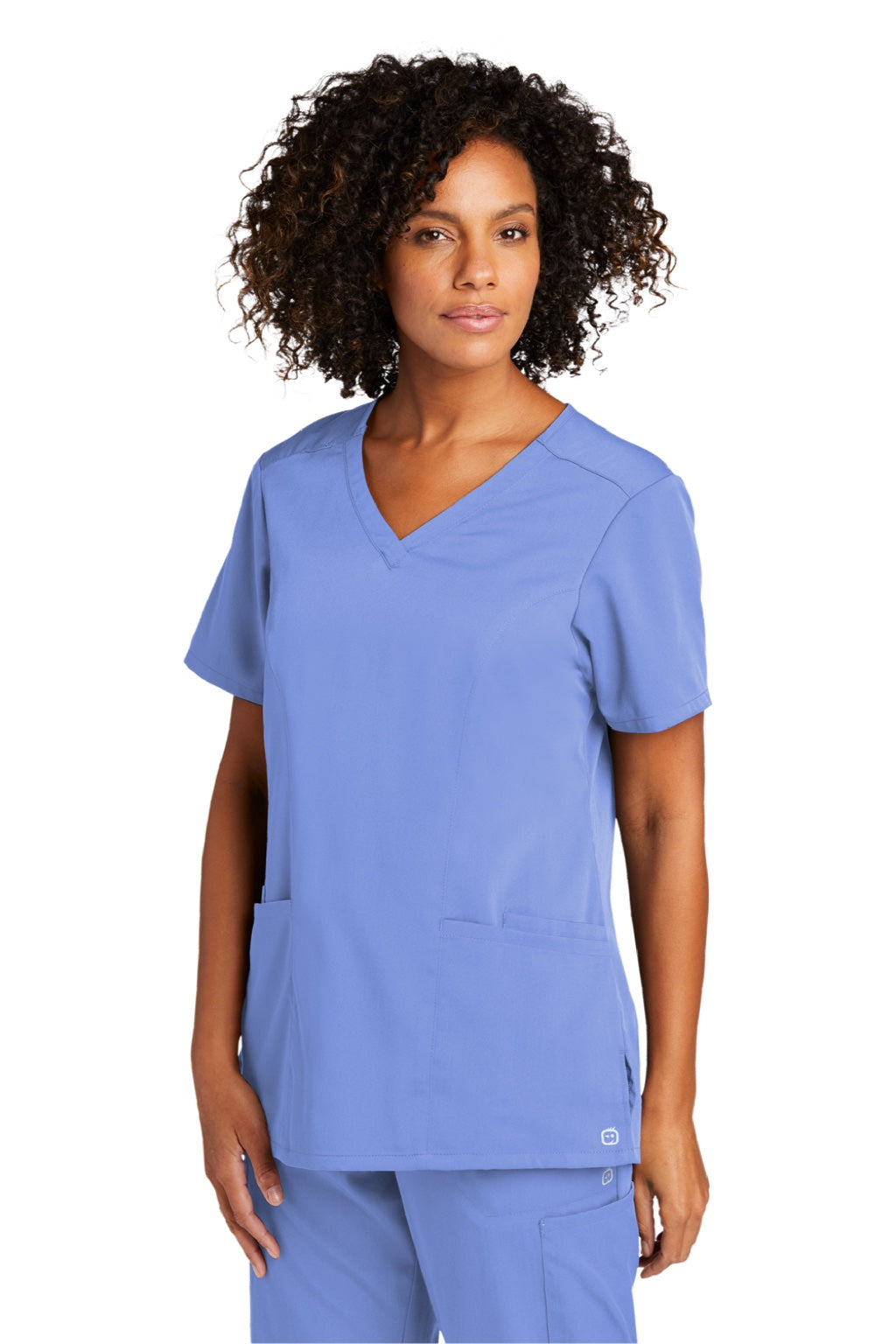 Wonderwink WW4168 Womens Premiere Flex Short Sleeve V-Neck Shirt w/ Pockets Ceil Blue Model 3Q