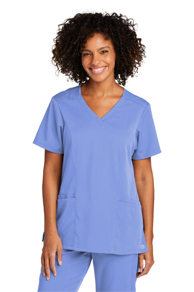 Wonderwink WW4168 Womens Premiere Flex Short Sleeve V-Neck Shirt w/ Pockets Ceil Blue Model Front