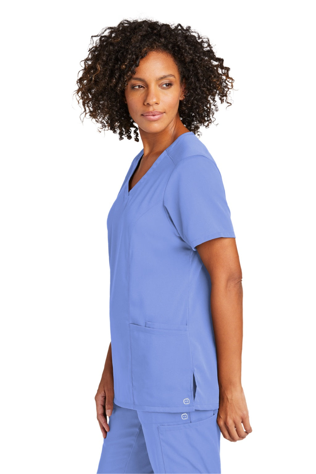 Wonderwink WW4168 Womens Premiere Flex Short Sleeve V-Neck Shirt w/ Pockets Ceil Blue Model Side