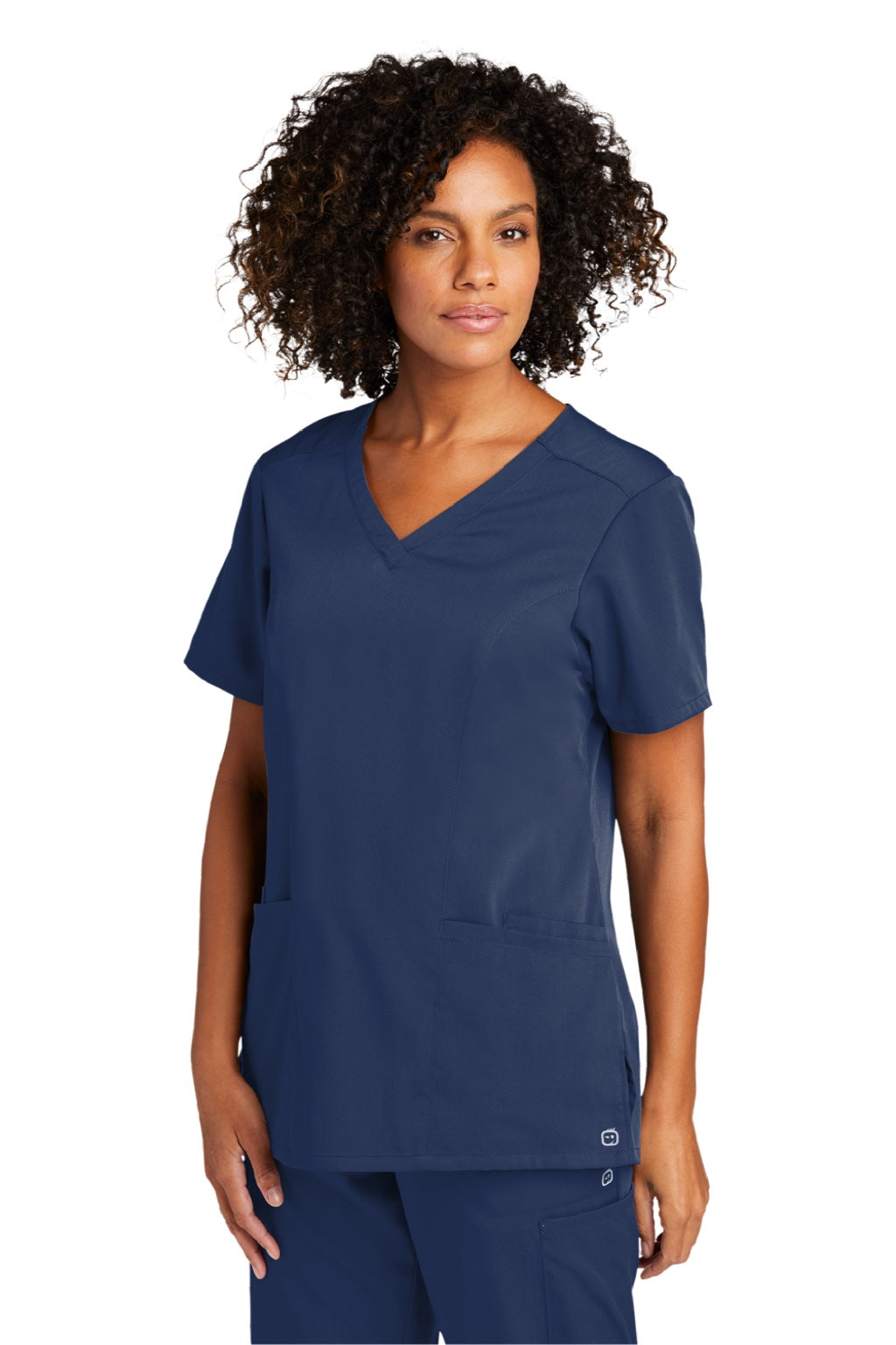 Wonderwink WW4168 Womens Premiere Flex Short Sleeve V-Neck Shirt w/ Pockets Navy Blue Model 3Q