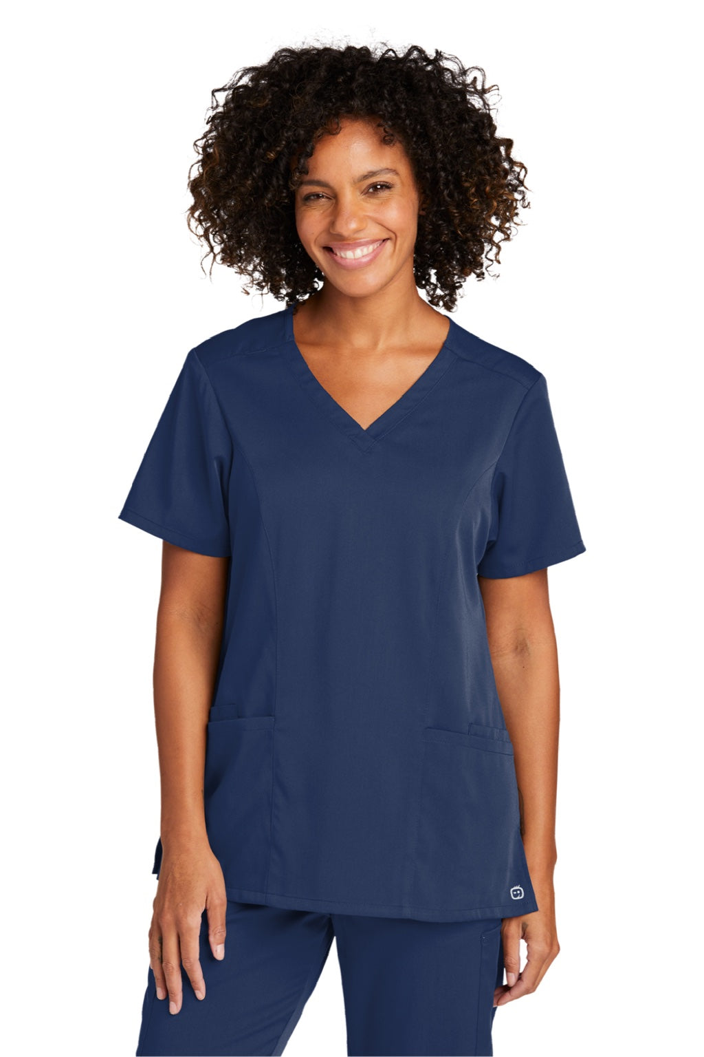 Wonderwink WW4168 Womens Premiere Flex Short Sleeve V-Neck Shirt w/ Pockets Navy Blue Model Front
