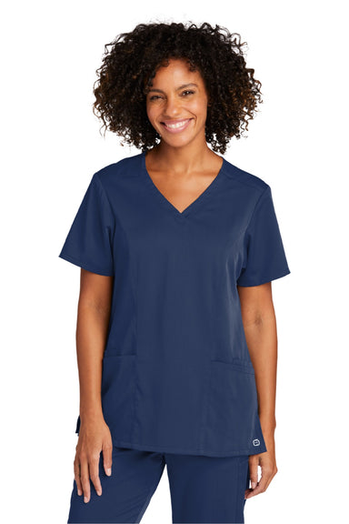 Wonderwink WW4168 Womens Premiere Flex Short Sleeve V-Neck Shirt w/ Pockets Navy Blue Model Front