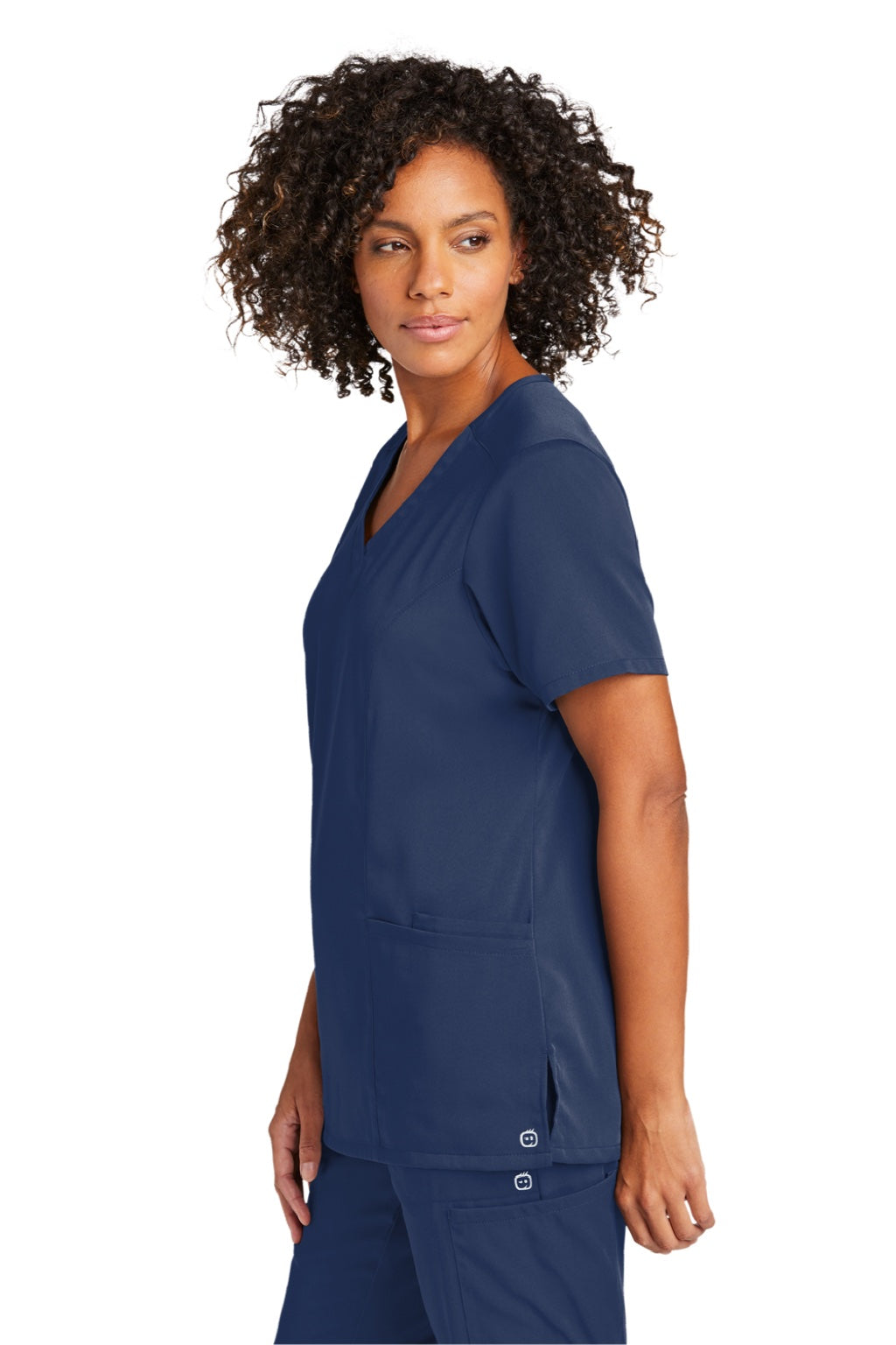 Wonderwink WW4168 Womens Premiere Flex Short Sleeve V-Neck Shirt w/ Pockets Navy Blue Model Side