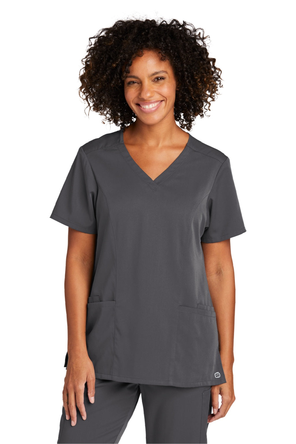Wonderwink WW4168 Womens Premiere Flex Short Sleeve V-Neck Shirt w/ Pockets Pewter Grey Model Front