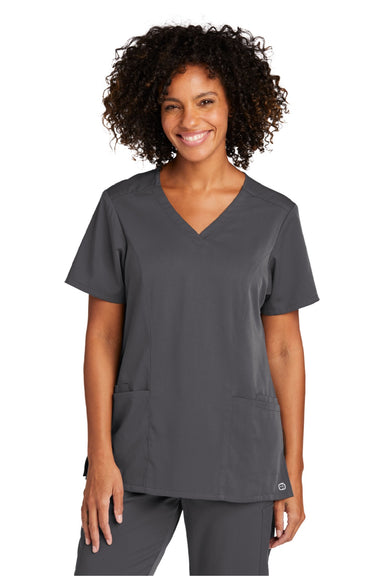 Wonderwink WW4168 Womens Premiere Flex Short Sleeve V-Neck Shirt w/ Pockets Pewter Grey Model Front