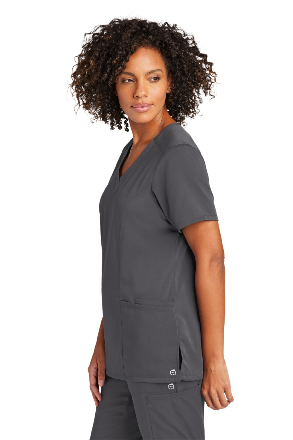 Wonderwink WW4168 Womens Premiere Flex Short Sleeve V-Neck Shirt w/ Pockets Pewter Grey Model Side