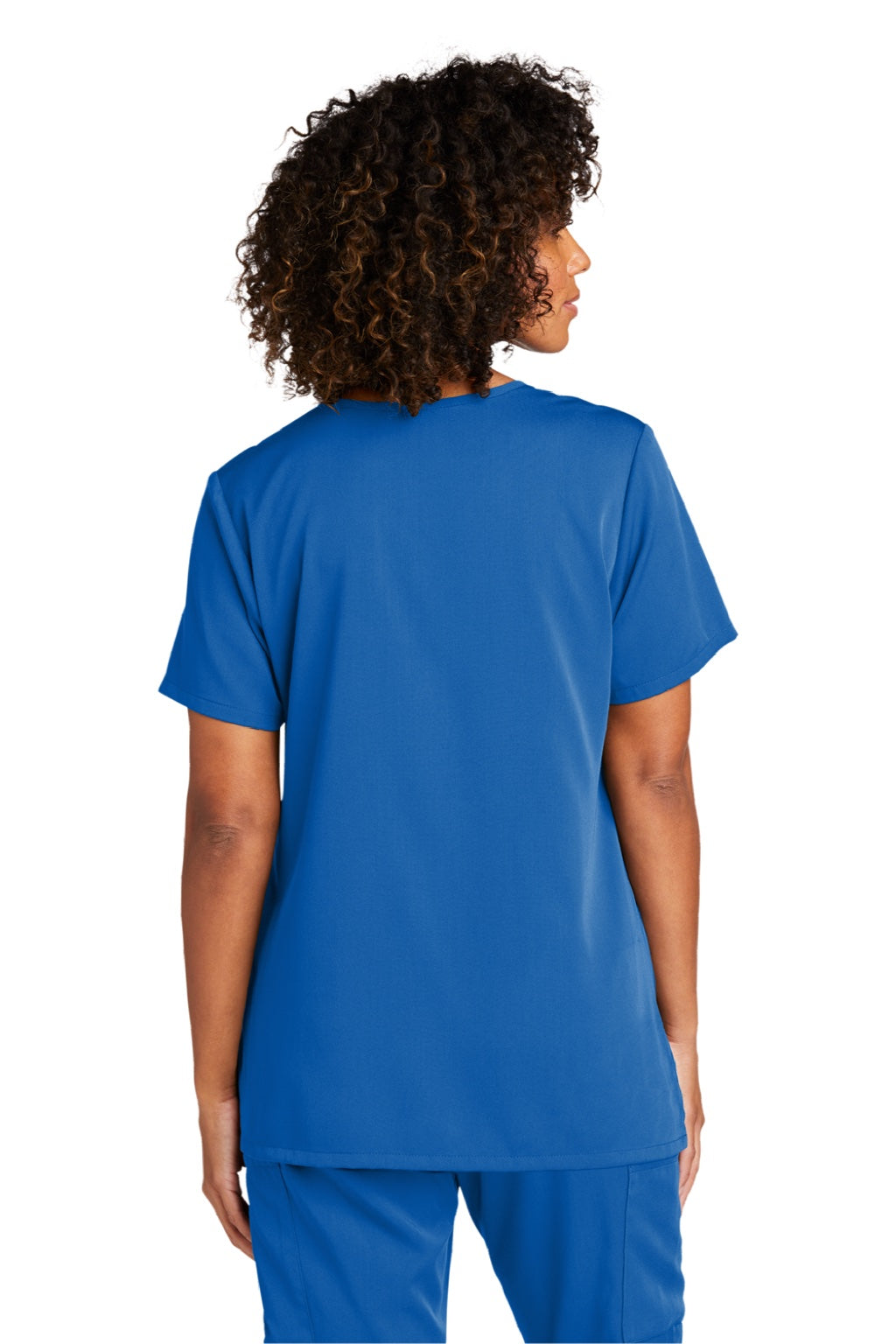 Wonderwink WW4168 Womens Premiere Flex Short Sleeve V-Neck Shirt w/ Pockets Royal Blue Model Back
