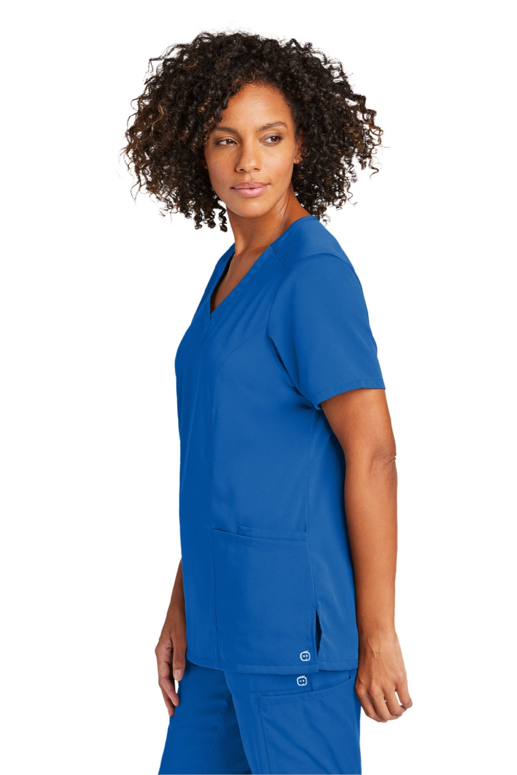 Wonderwink WW4168 Womens Premiere Flex Short Sleeve V-Neck Shirt w/ Pockets Royal Blue Model Side