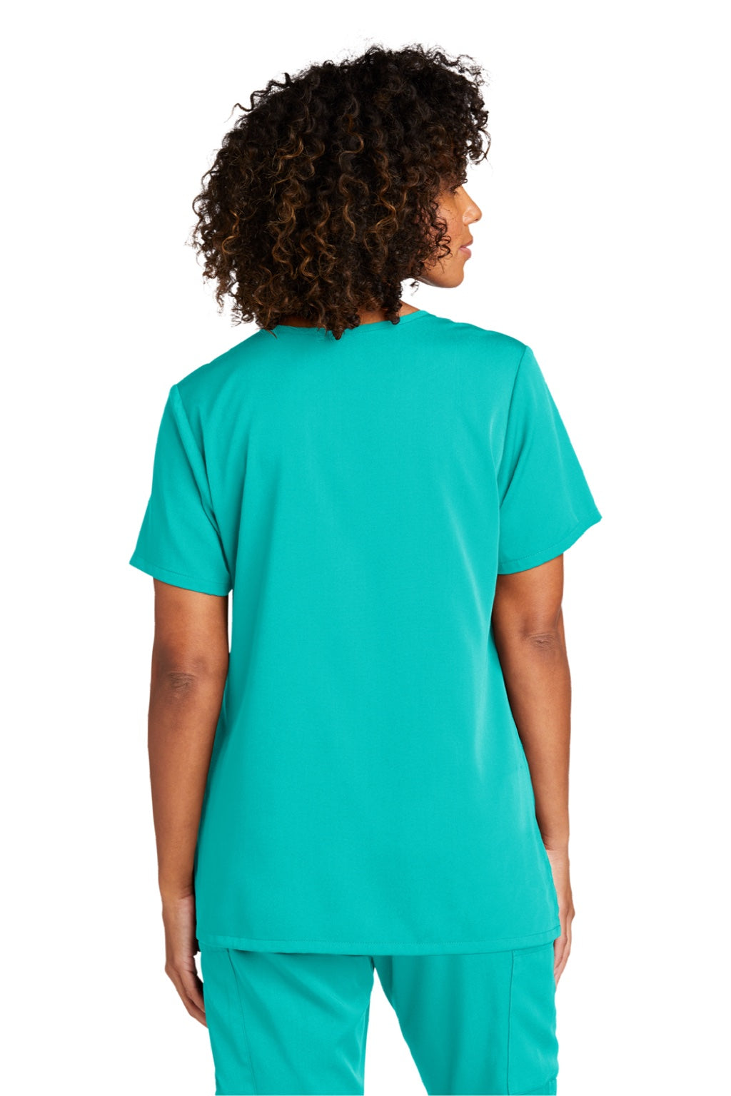 Wonderwink WW4168 Womens Premiere Flex Short Sleeve V-Neck Shirt w/ Pockets Teal Blue Model Back