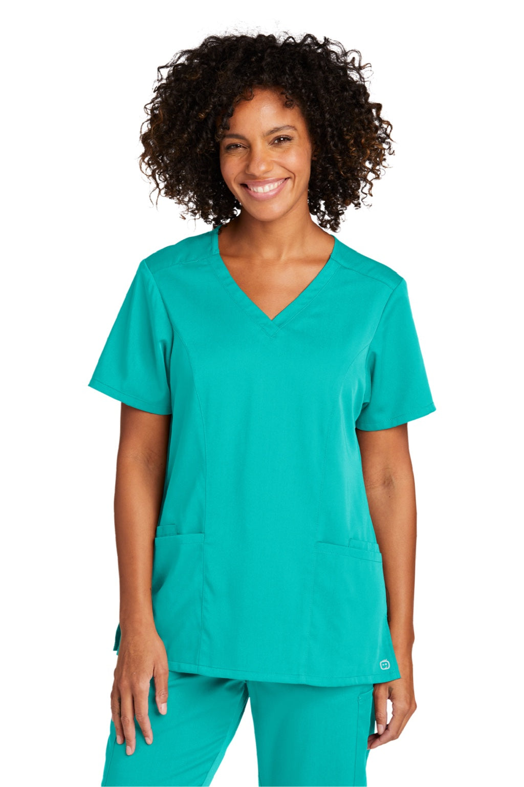 Wonderwink WW4168 Womens Premiere Flex Short Sleeve V-Neck Shirt w/ Pockets Teal Blue Model Front