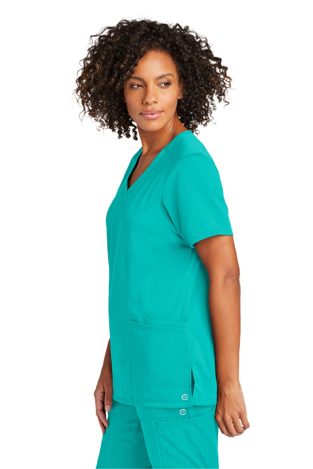 Wonderwink WW4168 Womens Premiere Flex Short Sleeve V-Neck Shirt w/ Pockets Teal Blue Model Side