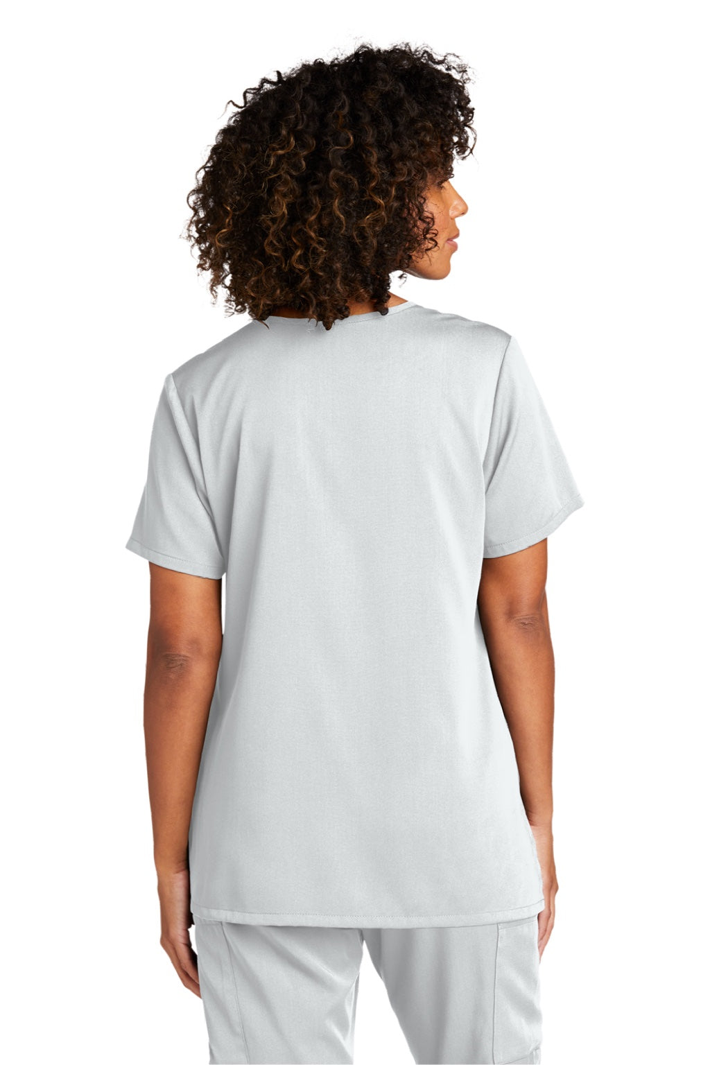 Wonderwink WW4168 Womens Premiere Flex Short Sleeve V-Neck Shirt w/ Pockets White Model Back