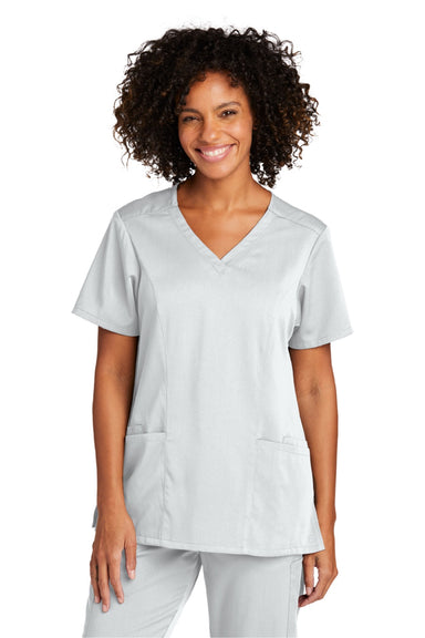 Wonderwink WW4168 Womens Premiere Flex Short Sleeve V-Neck Shirt w/ Pockets White Model Front
