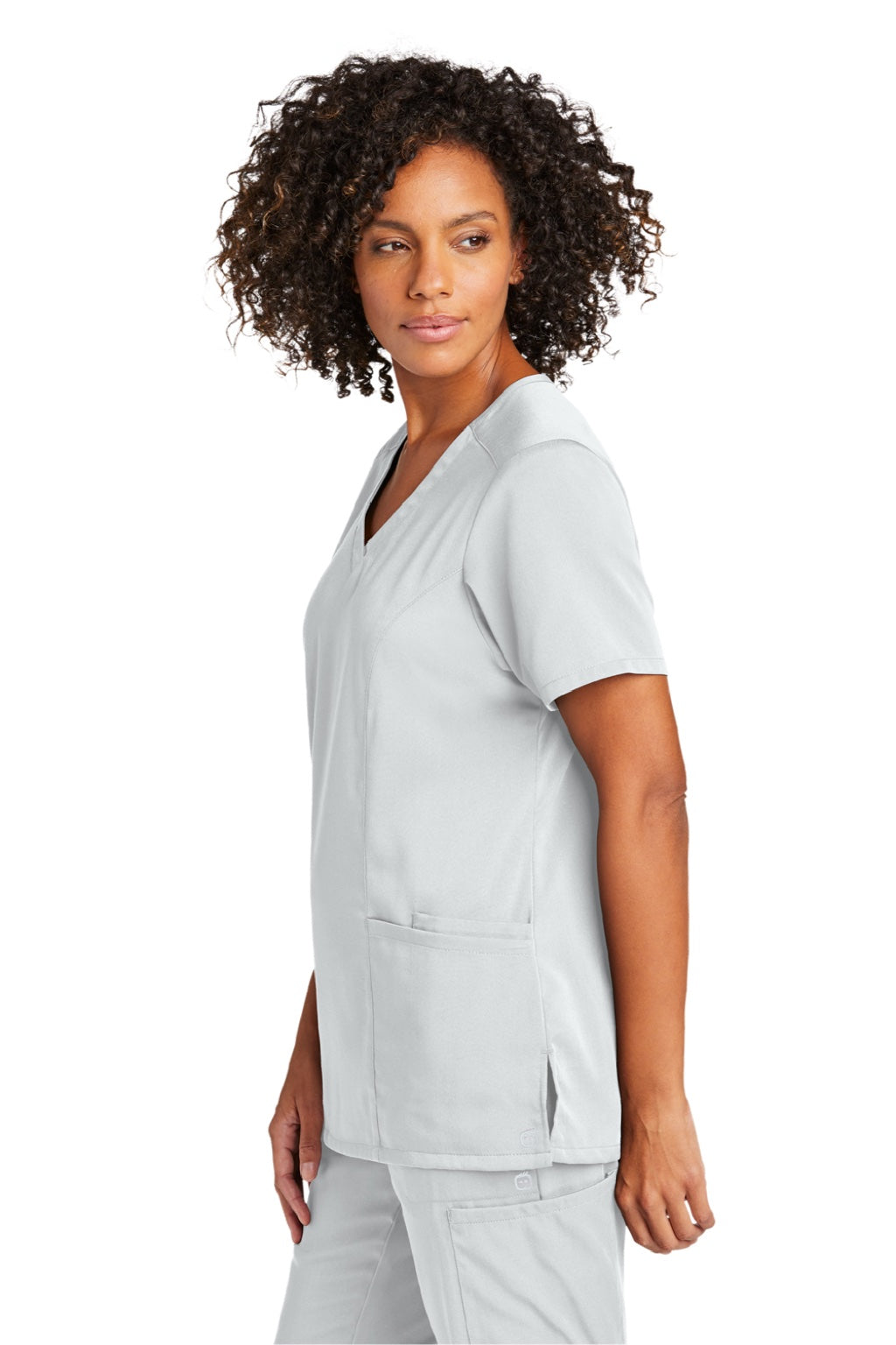 Wonderwink WW4168 Womens Premiere Flex Short Sleeve V-Neck Shirt w/ Pockets White Model Side