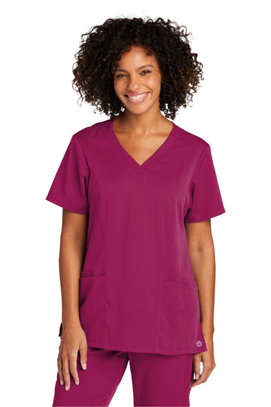 Wonderwink WW4168 Womens Premiere Flex Short Sleeve V-Neck Shirt w/ Pockets Wine Model Front