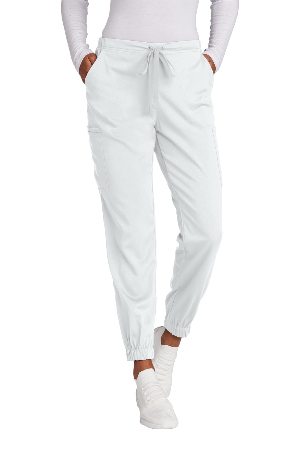 Wonderwink WW4258 Womens Premiere Flex Jogger Pants w/ Pockets White Model Front