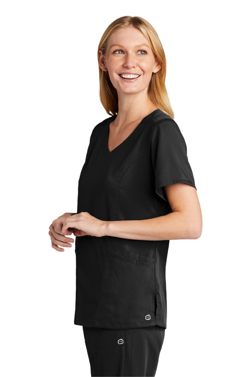 Wonderwink WW4268 Womens Premiere Flex Short Sleeve V-Neck Mock Wrap Shirt w/ Pockets Black Model 3Q