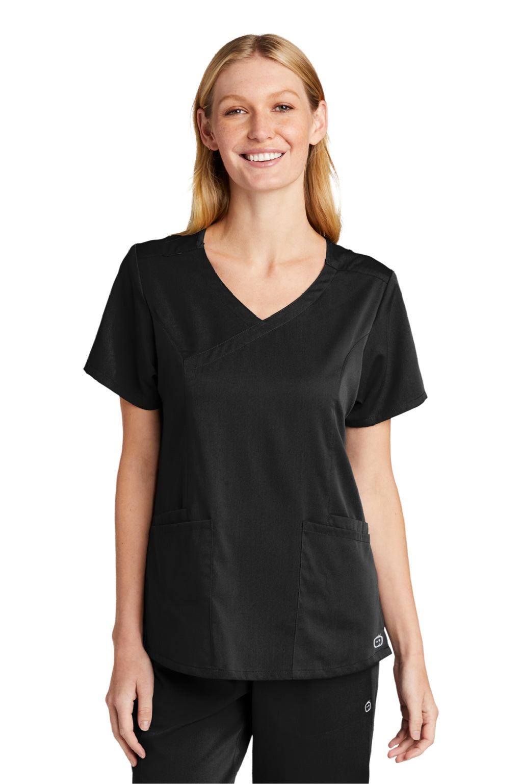 Wonderwink WW4268 Womens Premiere Flex Short Sleeve V-Neck Mock Wrap Shirt w/ Pockets Black Model Front