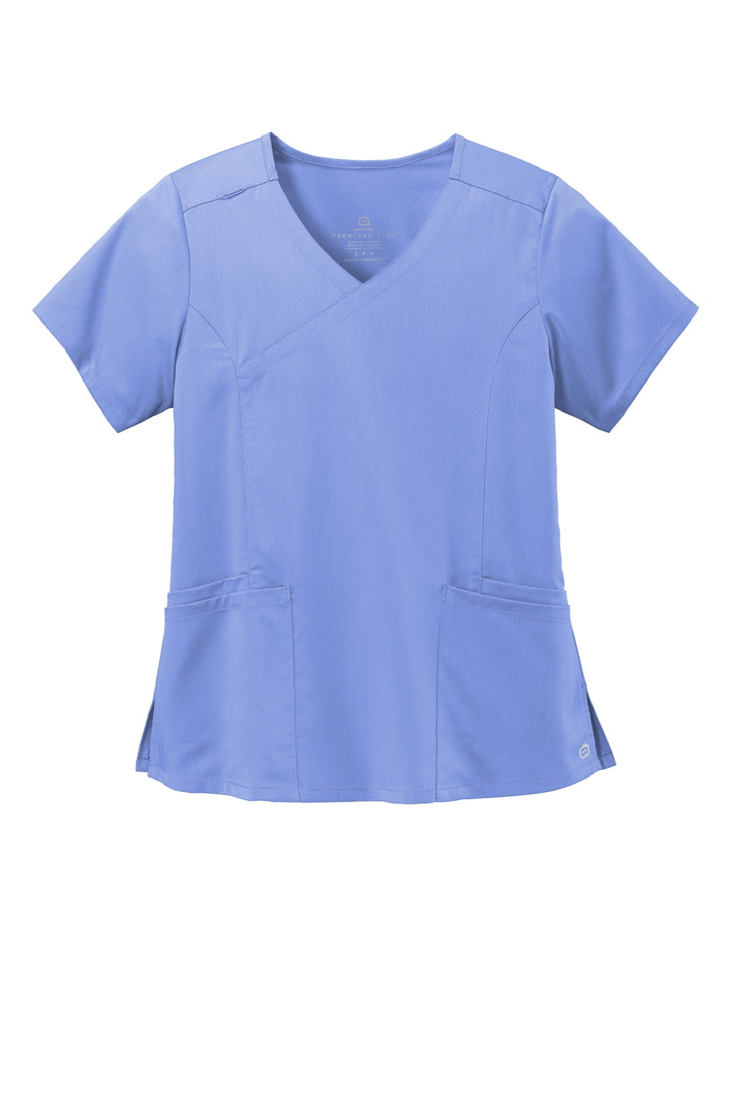 Wonderwink WW4268 Womens Premiere Flex Short Sleeve V-Neck Mock Wrap Shirt w/ Pockets Ceil Blue Flat Front