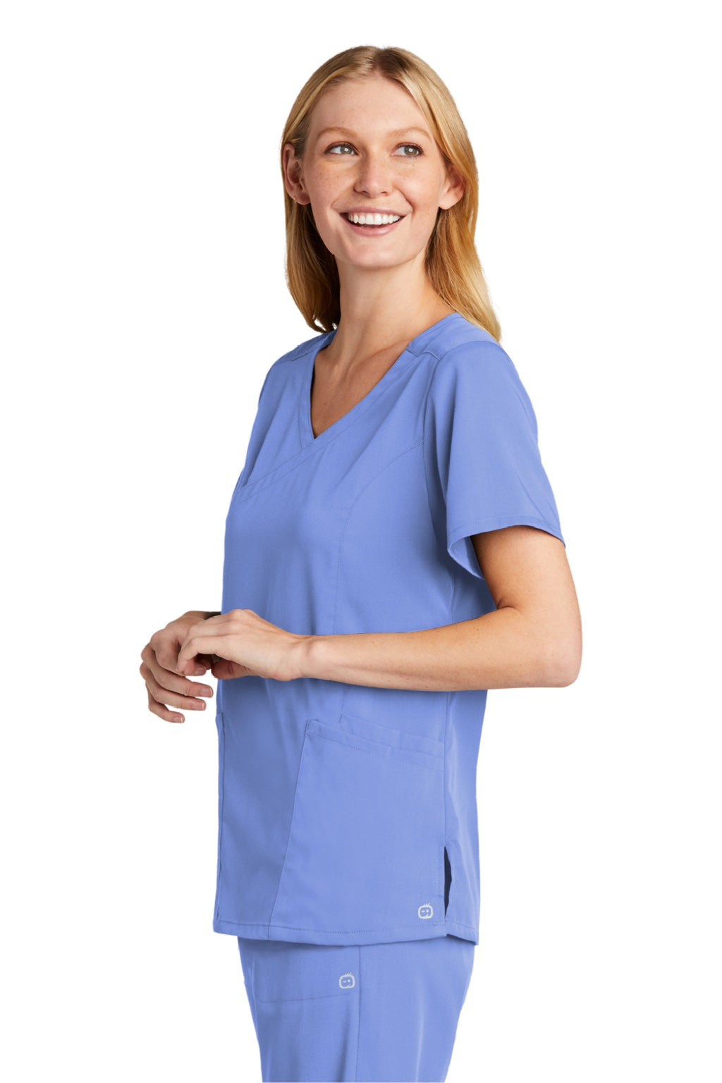 Wonderwink WW4268 Womens Premiere Flex Short Sleeve V-Neck Mock Wrap Shirt w/ Pockets Ceil Blue Model 3Q