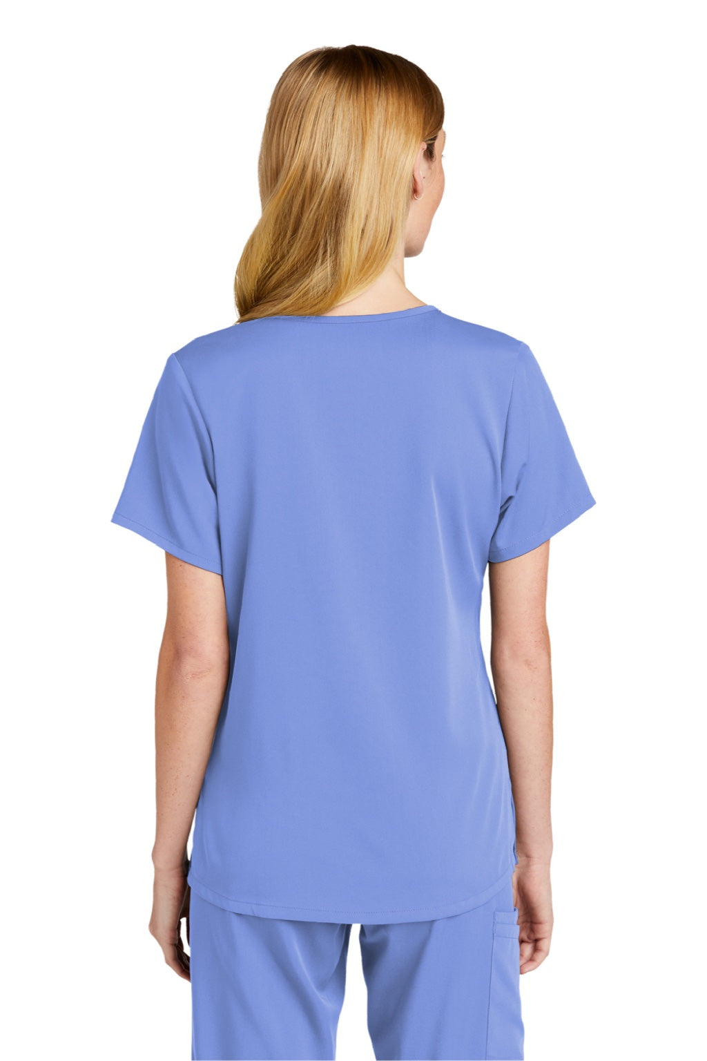 Wonderwink WW4268 Womens Premiere Flex Short Sleeve V-Neck Mock Wrap Shirt w/ Pockets Ceil Blue Model Back
