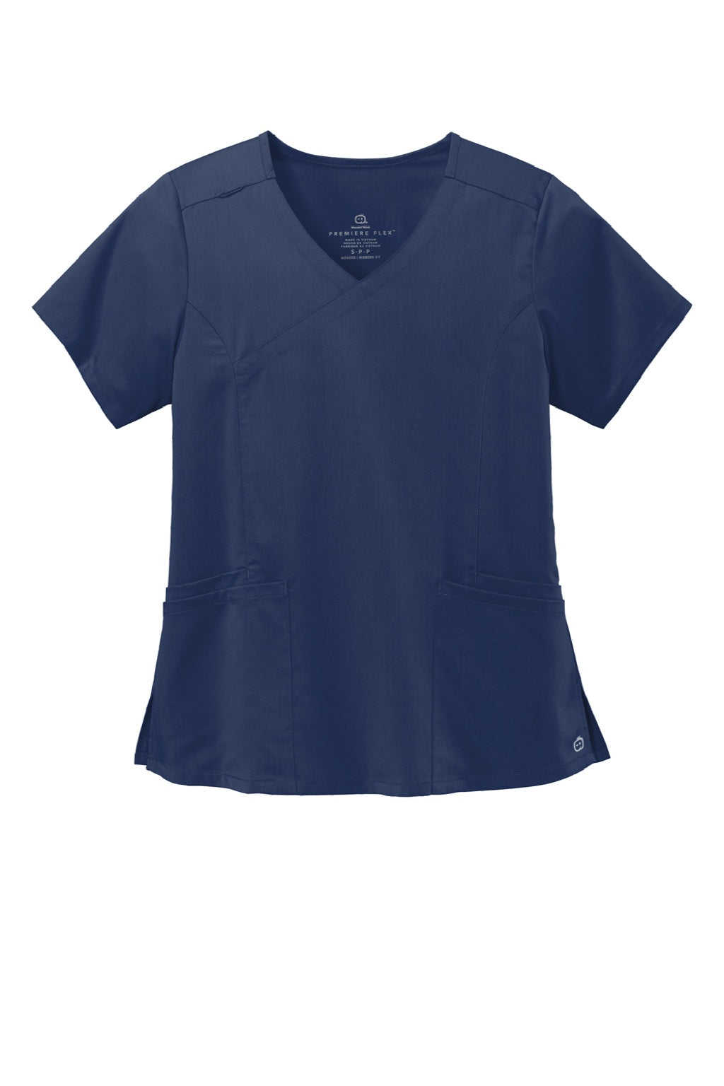 Wonderwink WW4268 Womens Premiere Flex Short Sleeve V-Neck Mock Wrap Shirt w/ Pockets Navy Blue Flat Front