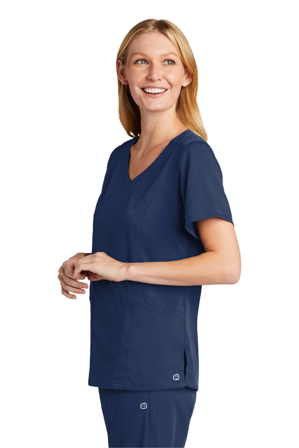 Wonderwink WW4268 Womens Premiere Flex Short Sleeve V-Neck Mock Wrap Shirt w/ Pockets Navy Blue Model 3Q