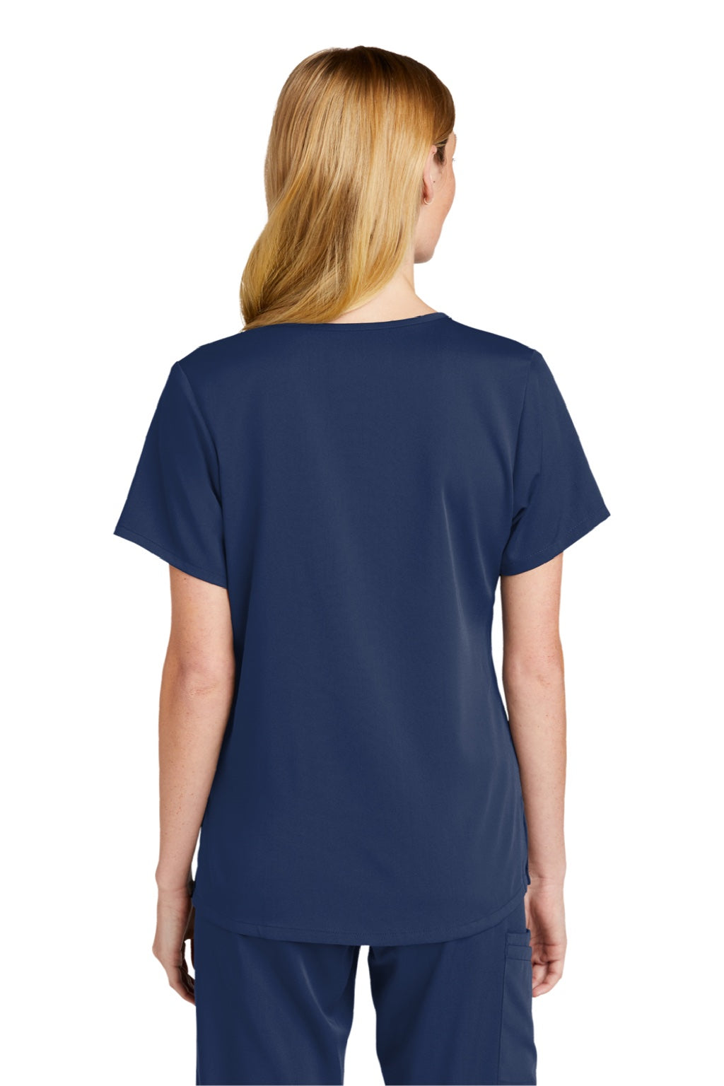 Wonderwink WW4268 Womens Premiere Flex Short Sleeve V-Neck Mock Wrap Shirt w/ Pockets Navy Blue Model Back