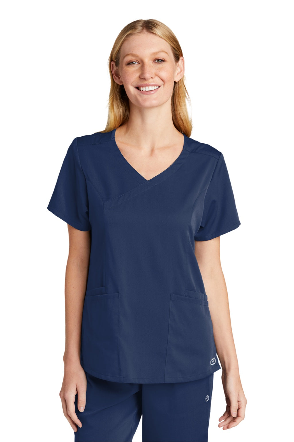Wonderwink WW4268 Womens Premiere Flex Short Sleeve V-Neck Mock Wrap Shirt w/ Pockets Navy Blue Model Front