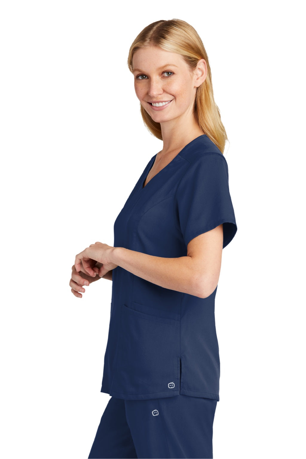 Wonderwink WW4268 Womens Premiere Flex Short Sleeve V-Neck Mock Wrap Shirt w/ Pockets Navy Blue Model Side