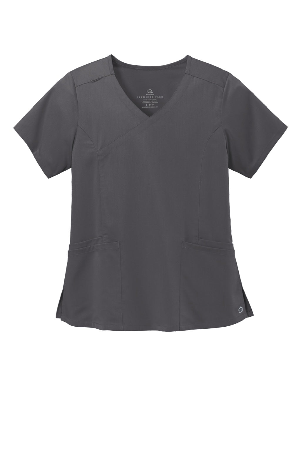 Wonderwink WW4268 Womens Premiere Flex Short Sleeve V-Neck Mock Wrap Shirt w/ Pockets Pewter Grey Flat Front