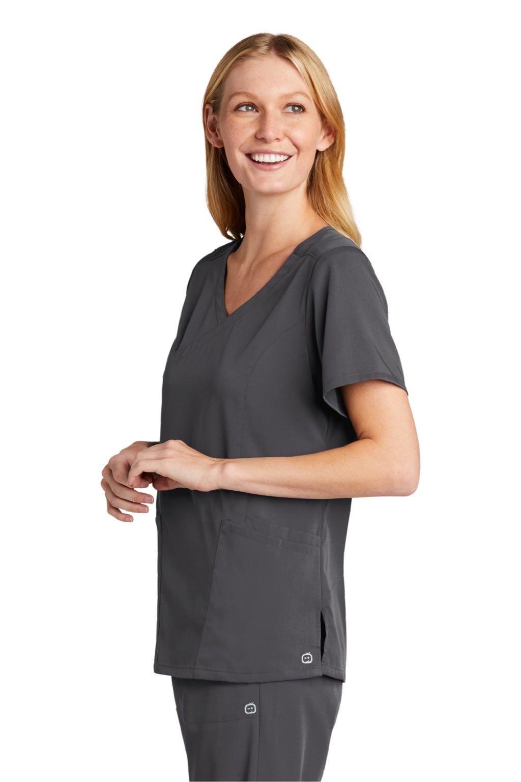 Wonderwink WW4268 Womens Premiere Flex Short Sleeve V-Neck Mock Wrap Shirt w/ Pockets Pewter Grey Model 3Q