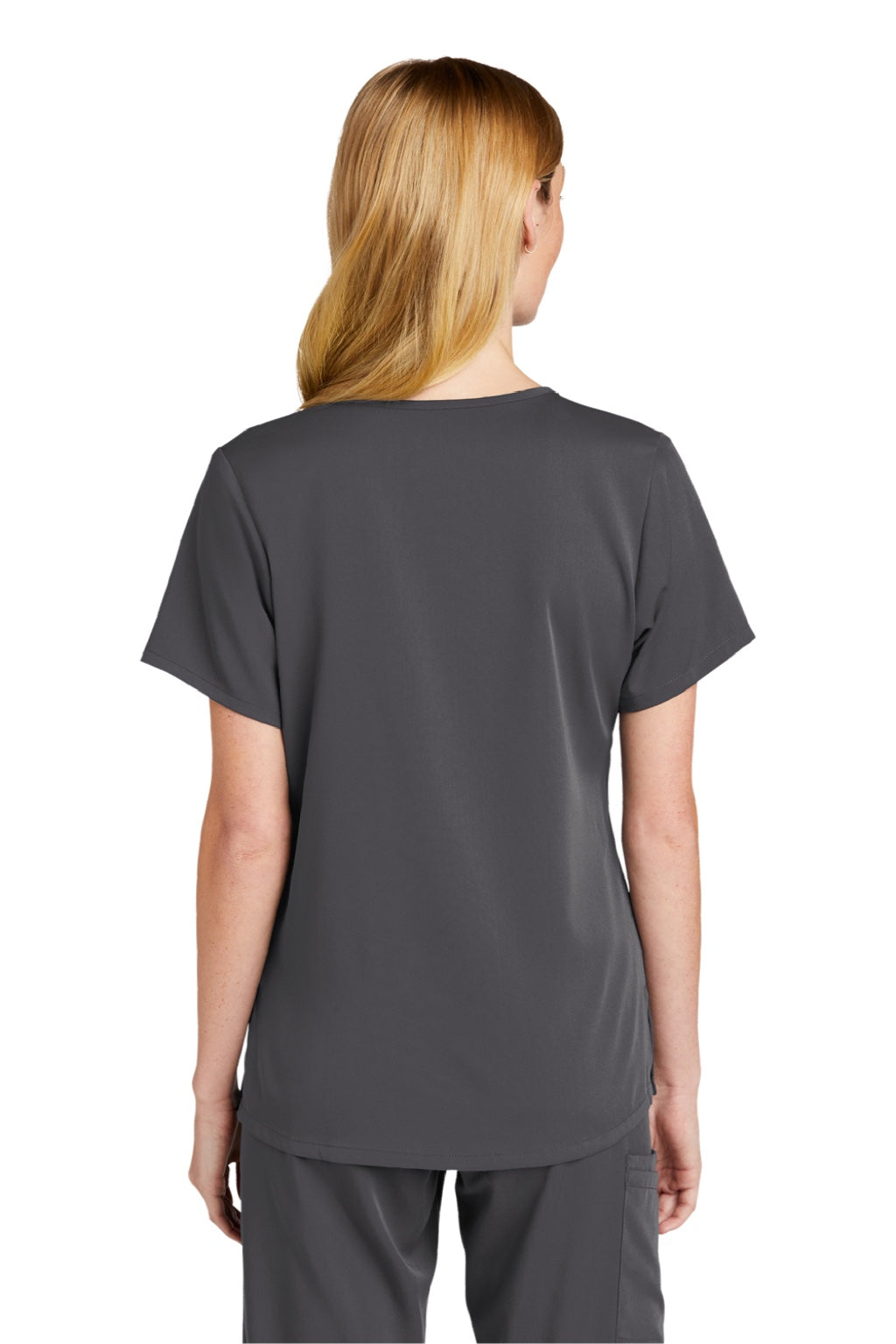 Wonderwink WW4268 Womens Premiere Flex Short Sleeve V-Neck Mock Wrap Shirt w/ Pockets Pewter Grey Model Back