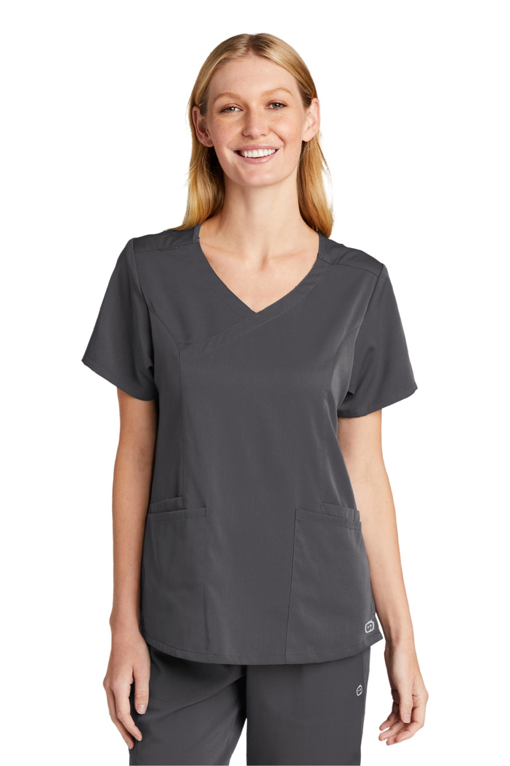 Wonderwink WW4268 Womens Premiere Flex Short Sleeve V-Neck Mock Wrap Shirt w/ Pockets Pewter Grey Model Front