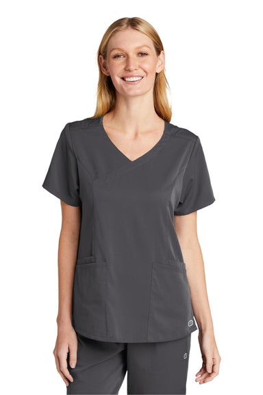 Wonderwink WW4268 Womens Premiere Flex Short Sleeve V-Neck Mock Wrap Shirt w/ Pockets Pewter Grey Model Front