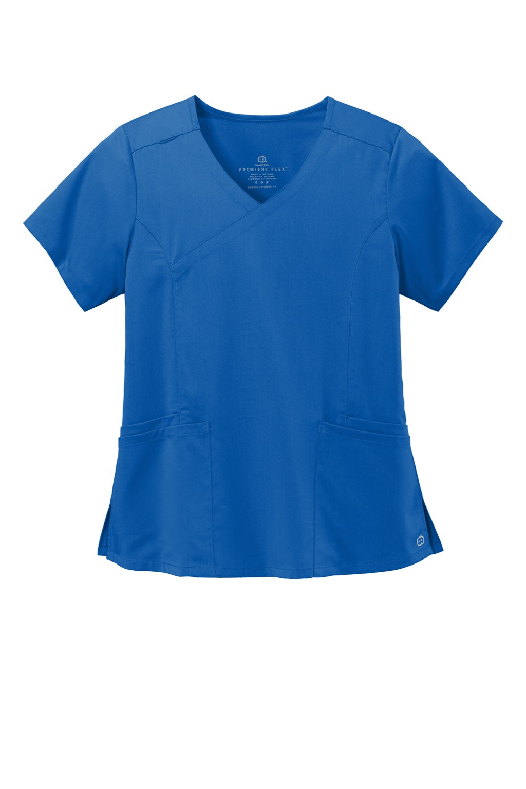 Wonderwink WW4268 Womens Premiere Flex Short Sleeve V-Neck Mock Wrap Shirt w/ Pockets Royal Blue Flat Front