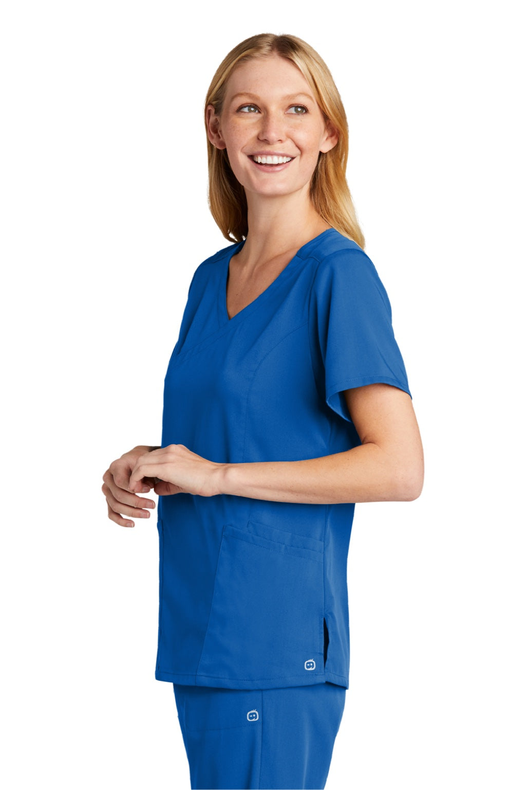 Wonderwink WW4268 Womens Premiere Flex Short Sleeve V-Neck Mock Wrap Shirt w/ Pockets Royal Blue Model 3Q