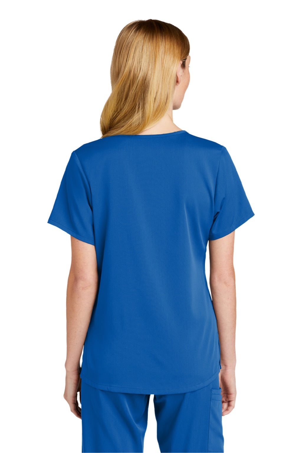 Wonderwink WW4268 Womens Premiere Flex Short Sleeve V-Neck Mock Wrap Shirt w/ Pockets Royal Blue Model Back