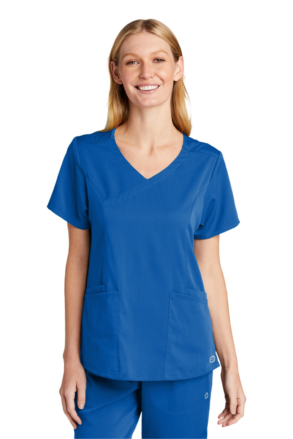 Wonderwink WW4268 Womens Premiere Flex Short Sleeve V-Neck Mock Wrap Shirt w/ Pockets Royal Blue Model Front