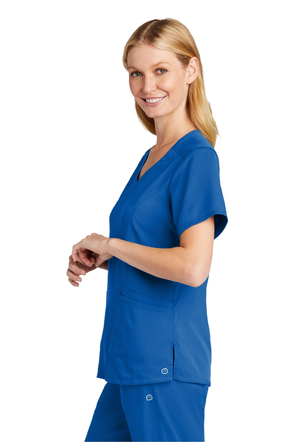 Wonderwink WW4268 Womens Premiere Flex Short Sleeve V-Neck Mock Wrap Shirt w/ Pockets Royal Blue Model Side