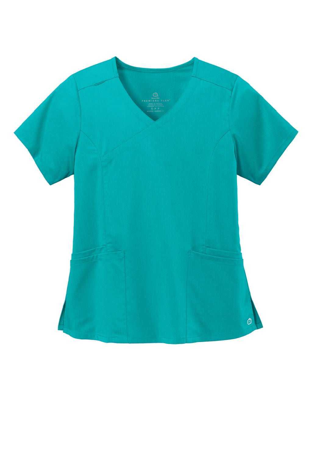 Wonderwink WW4268 Womens Premiere Flex Short Sleeve V-Neck Mock Wrap Shirt w/ Pockets Teal Blue Flat Front