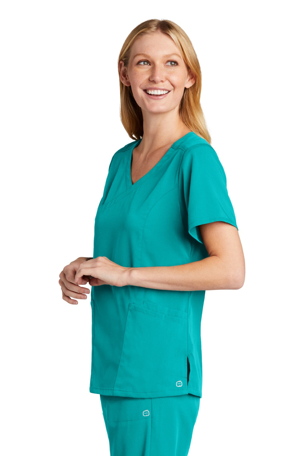 Wonderwink WW4268 Womens Premiere Flex Short Sleeve V-Neck Mock Wrap Shirt w/ Pockets Teal Blue Model 3Q
