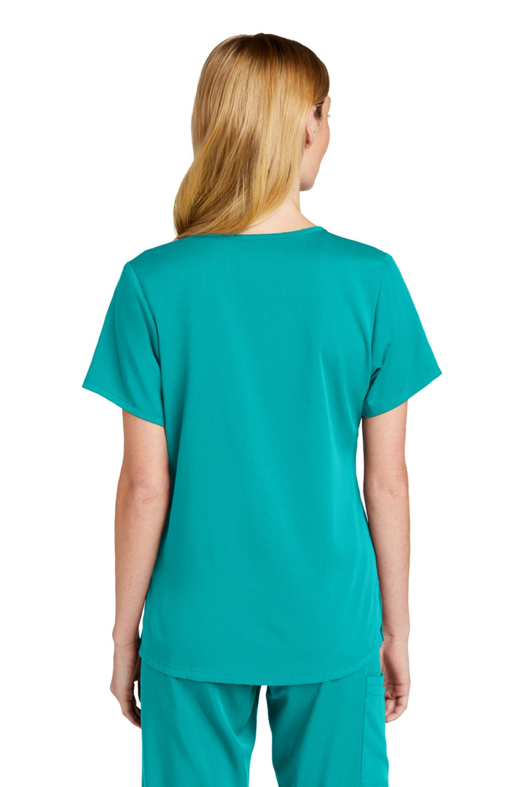 Wonderwink WW4268 Womens Premiere Flex Short Sleeve V-Neck Mock Wrap Shirt w/ Pockets Teal Blue Model Back