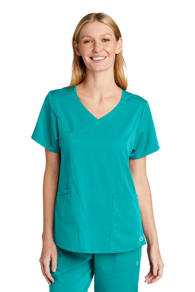 Wonderwink WW4268 Womens Premiere Flex Short Sleeve V-Neck Mock Wrap Shirt w/ Pockets Teal Blue Model Front
