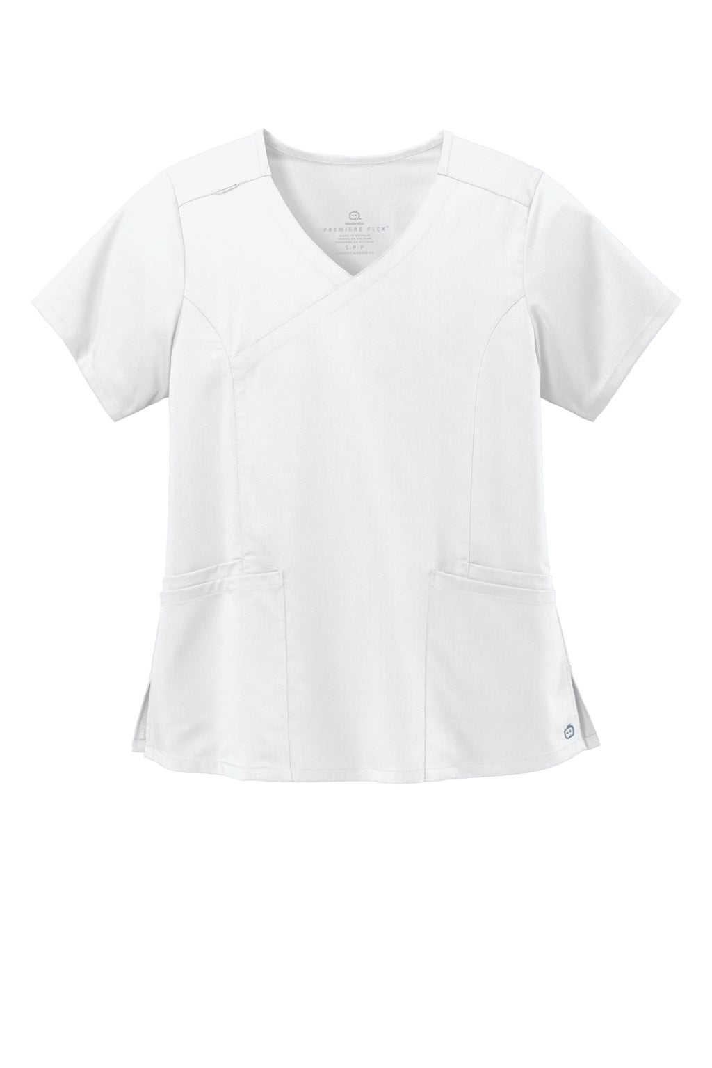 Wonderwink WW4268 Womens Premiere Flex Short Sleeve V-Neck Mock Wrap Shirt w/ Pockets White Flat Front